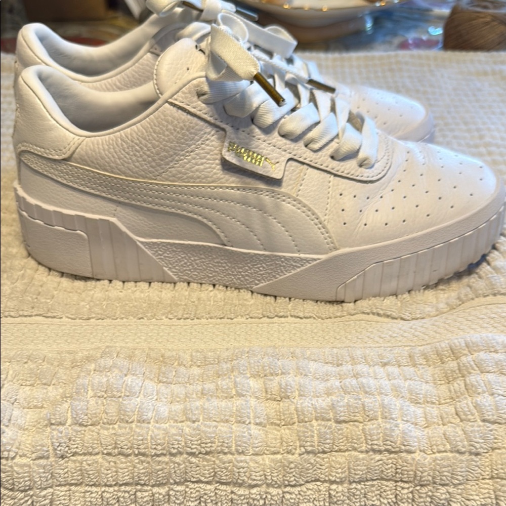 Puma White and Gold Athletic Shoes with Perforated Design - Picture 1 of 9
